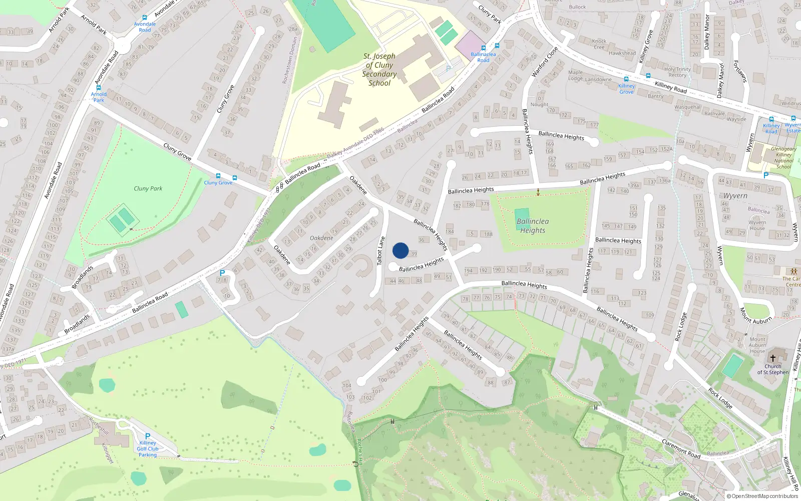 Overhead map showing the location of 41 Ballinclea Heights, Killiney