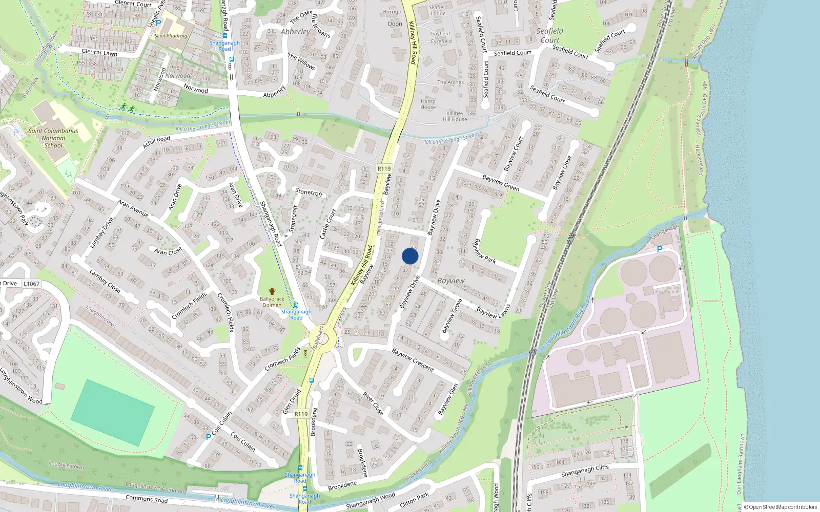 Overhead map showing the location of 41 Bayview Drive, Killiney