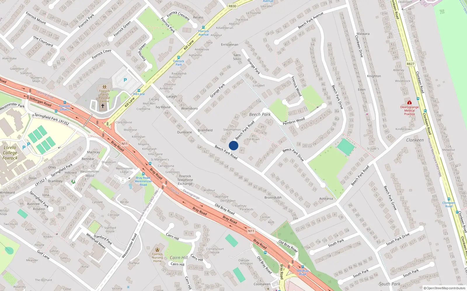 Overhead map showing the location of 41 Beech Park Road, Dublin 18