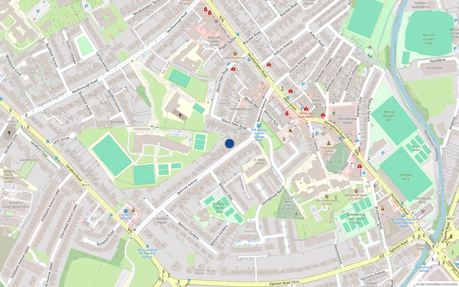 Overhead map showing the location of 41 Belmont Avenue, Donnybrook