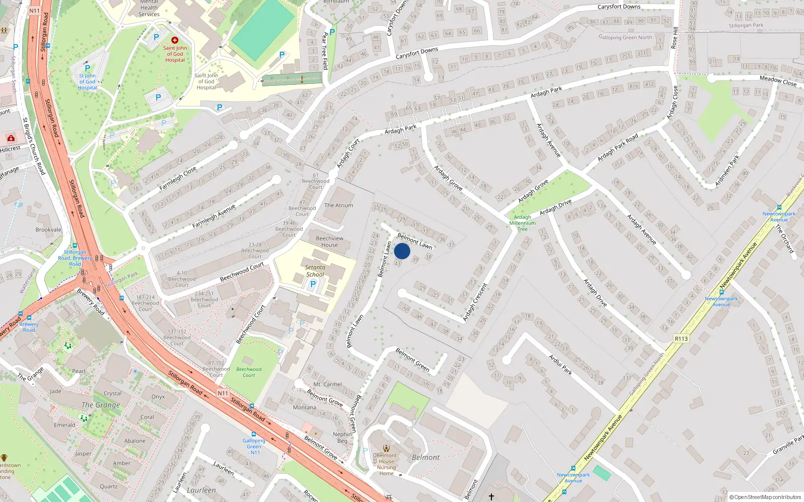 Overhead map showing the location of 41 Belmont Lawn, Stillorgan