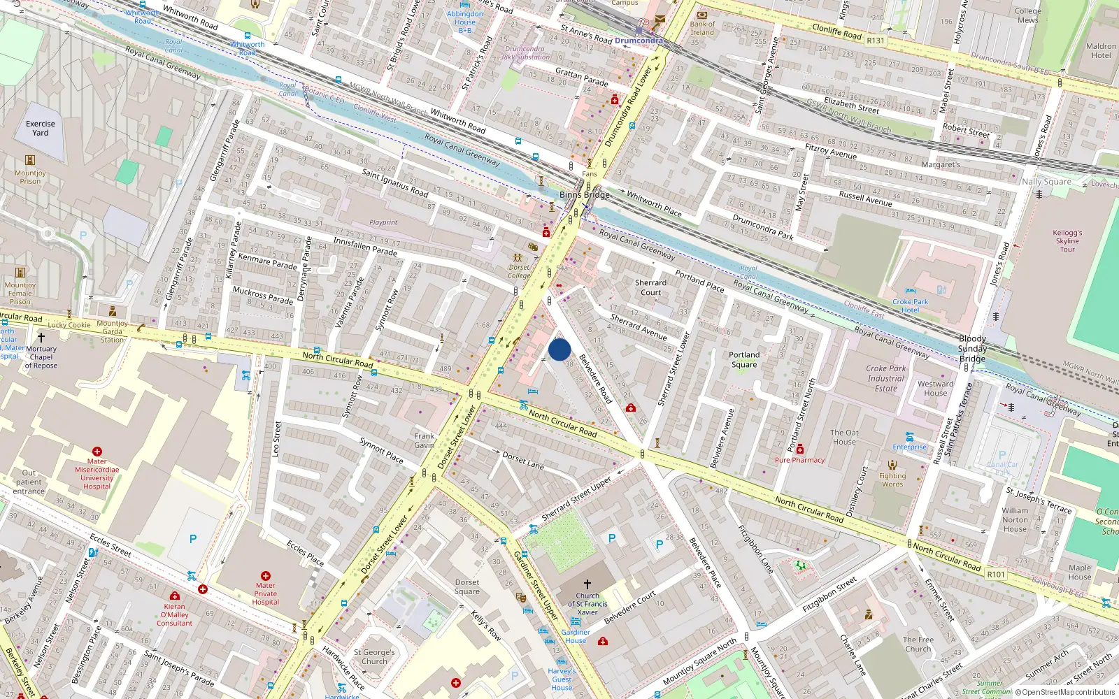 Overhead map showing the location of 41 Belvedere Road, Drumcondra, Dublin 1