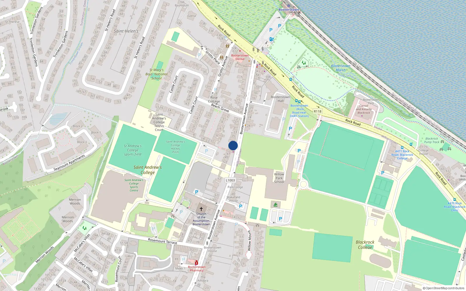 Overhead map showing the location of 41 Booterstown Avenue, Booterstown