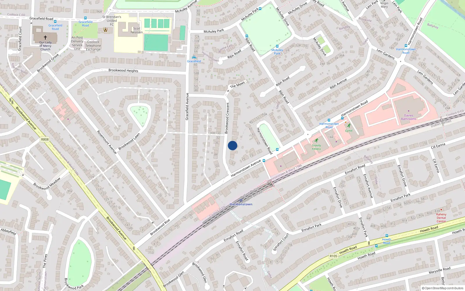 Overhead map showing the location of 41 Brookwood Crescent, Artane, Dublin 5