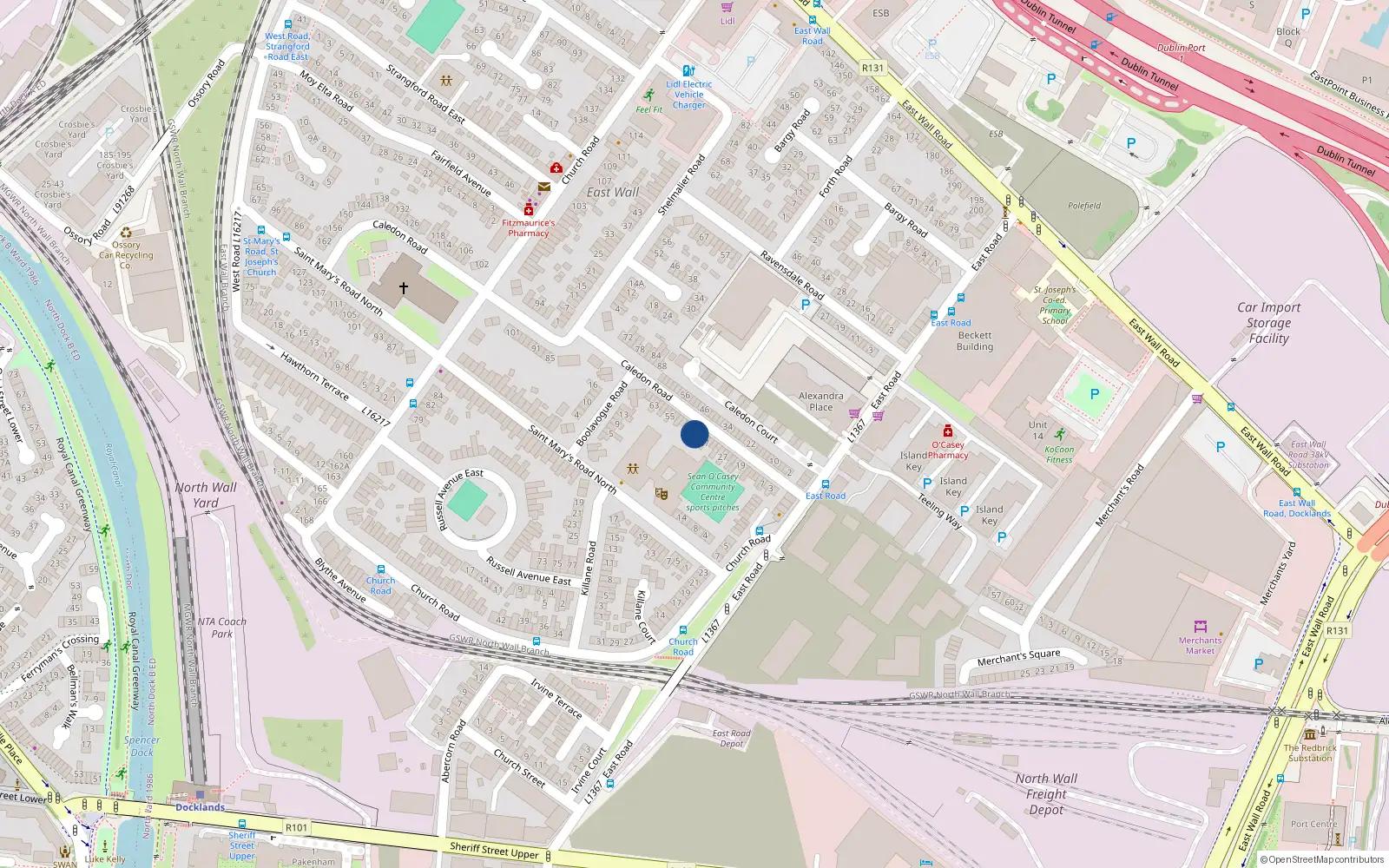 Overhead map showing the location of 41 Caledon Road, East Wall, Dublin 3
