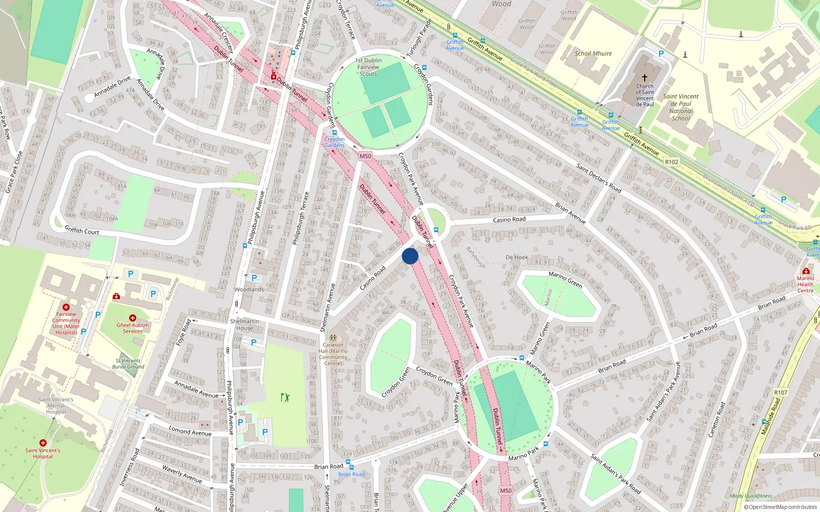 Overhead map showing the location of 41 Casino Road, Marino, Dublin 3