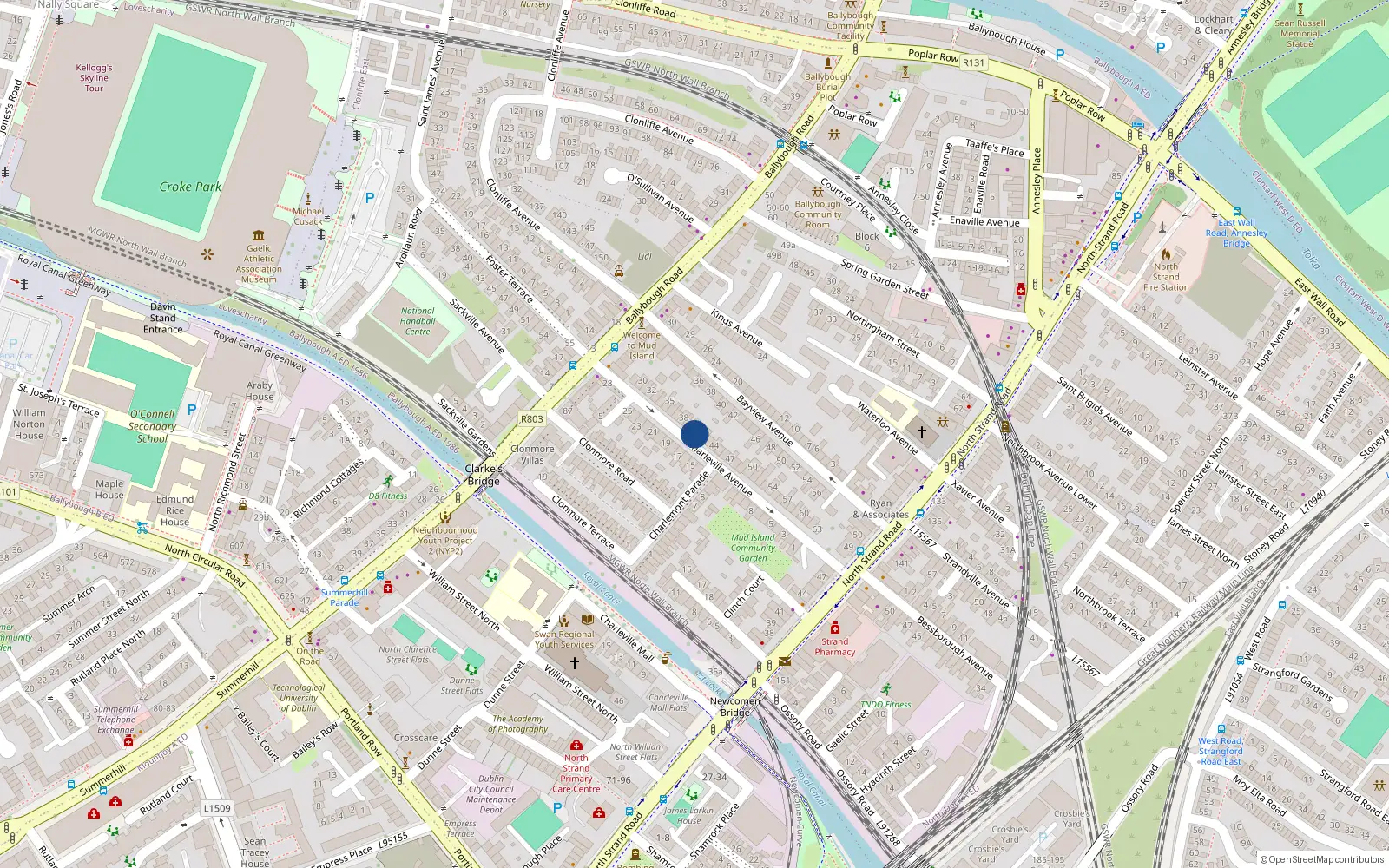 Overhead map showing the location of 41 Charleville Avenue, North Strand, Dublin 3