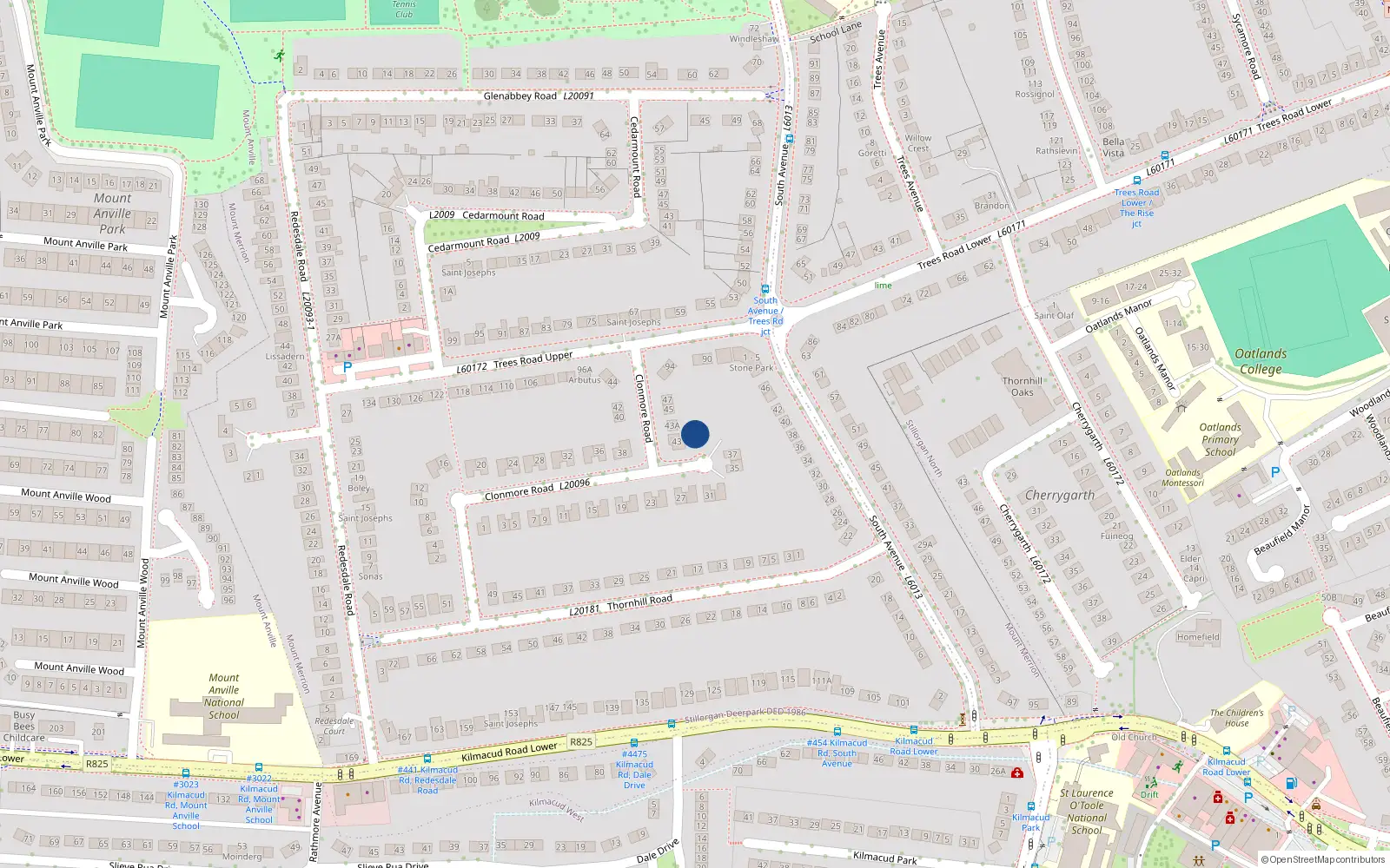 Overhead map showing the location of 41 Clonmore Road, Blackrock
