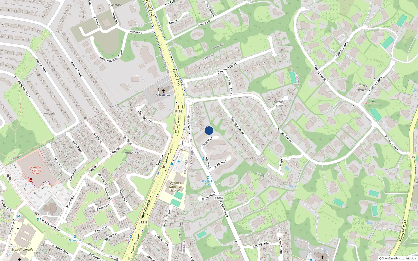 Overhead map showing the location of 41 Egremont, Church Road, Killiney