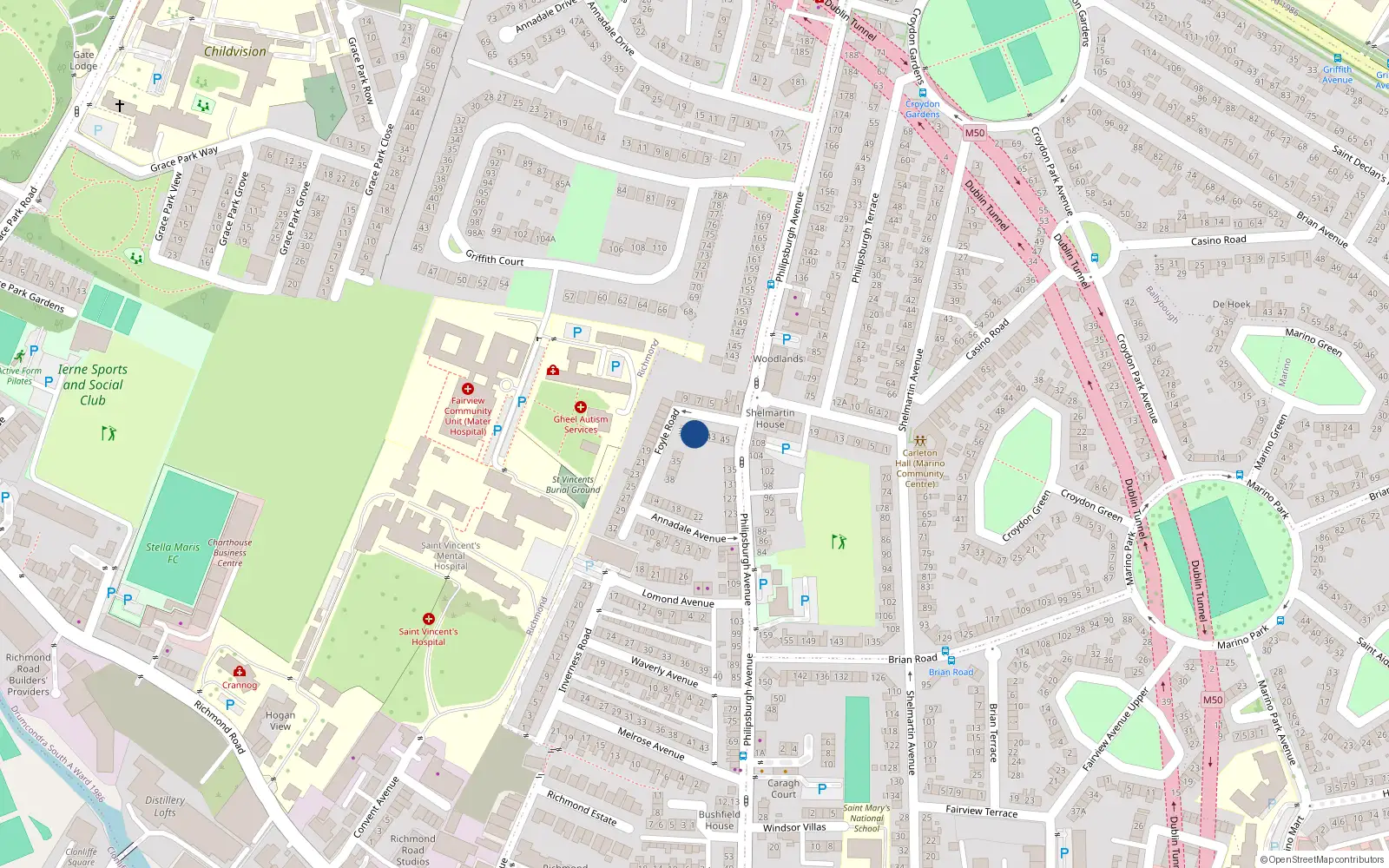 Overhead map showing the location of 41 Foyle Road, Fairview, Dublin