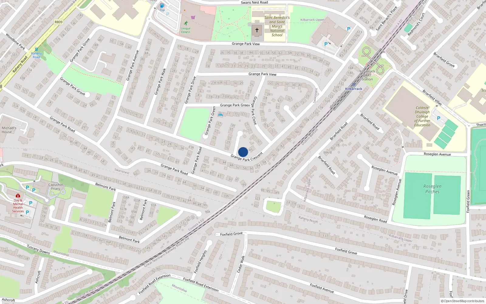 Overhead map showing the location of 41 Grange Park Crescent, Raheny, Dublin 5