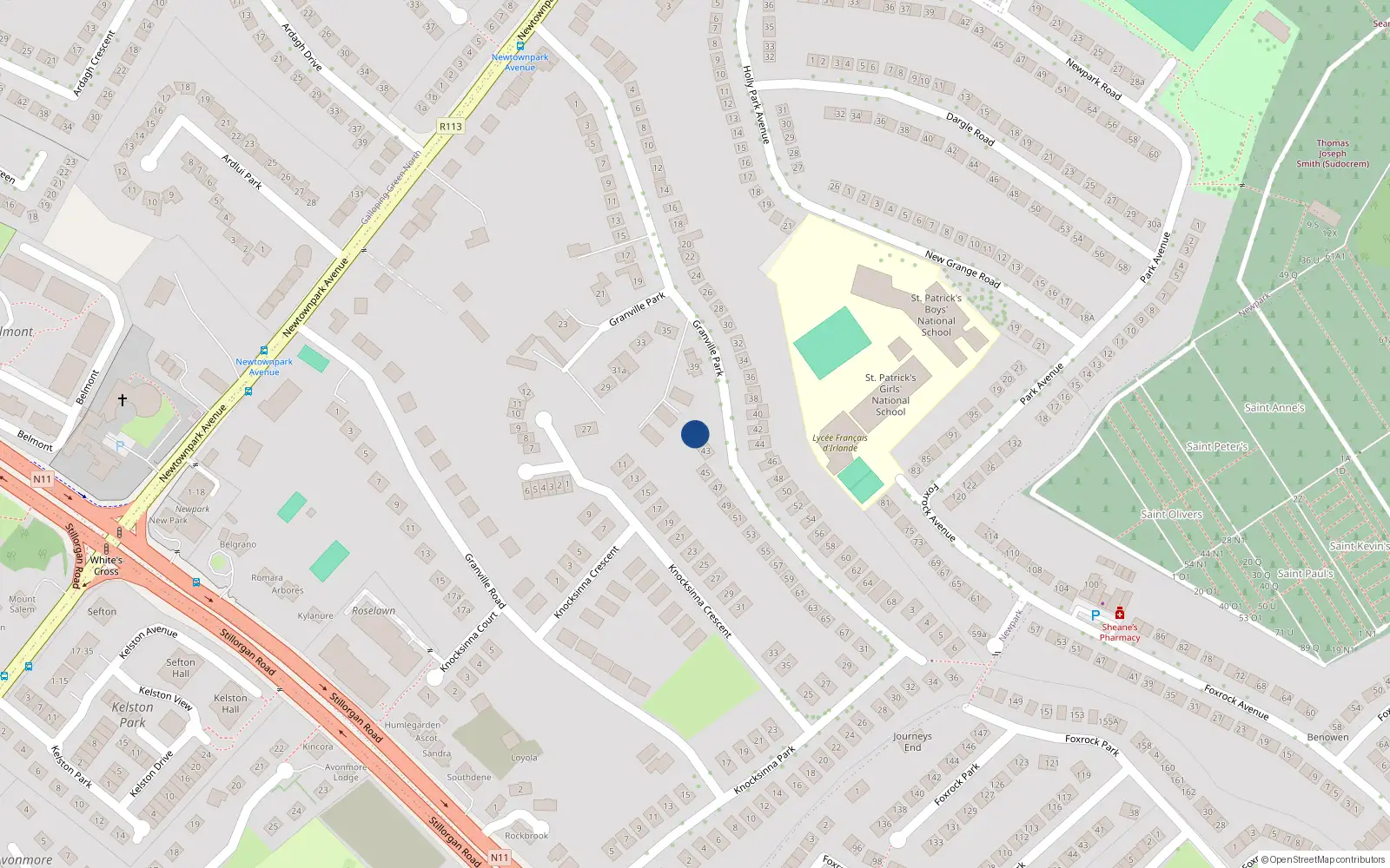 Overhead map showing the location of 41 Granville Park, Blackrock, Dublin
