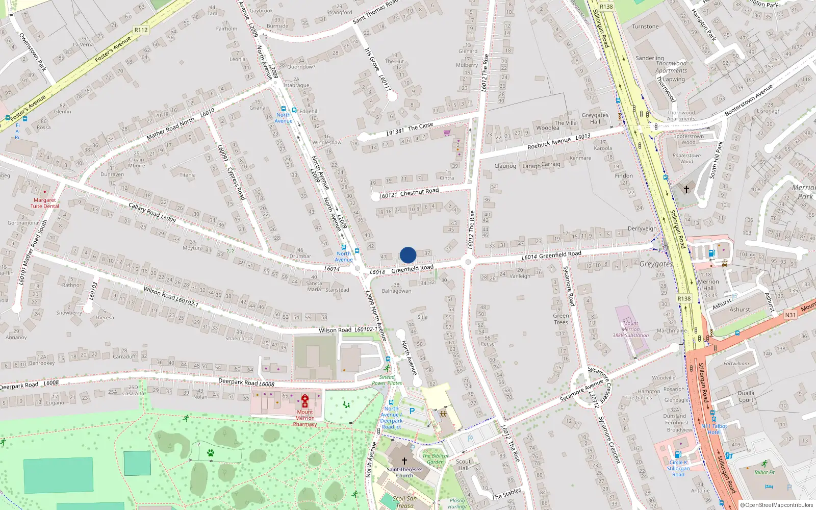 Overhead map showing the location of 41 Greenfield Road, Mount Merrion, Dublin
