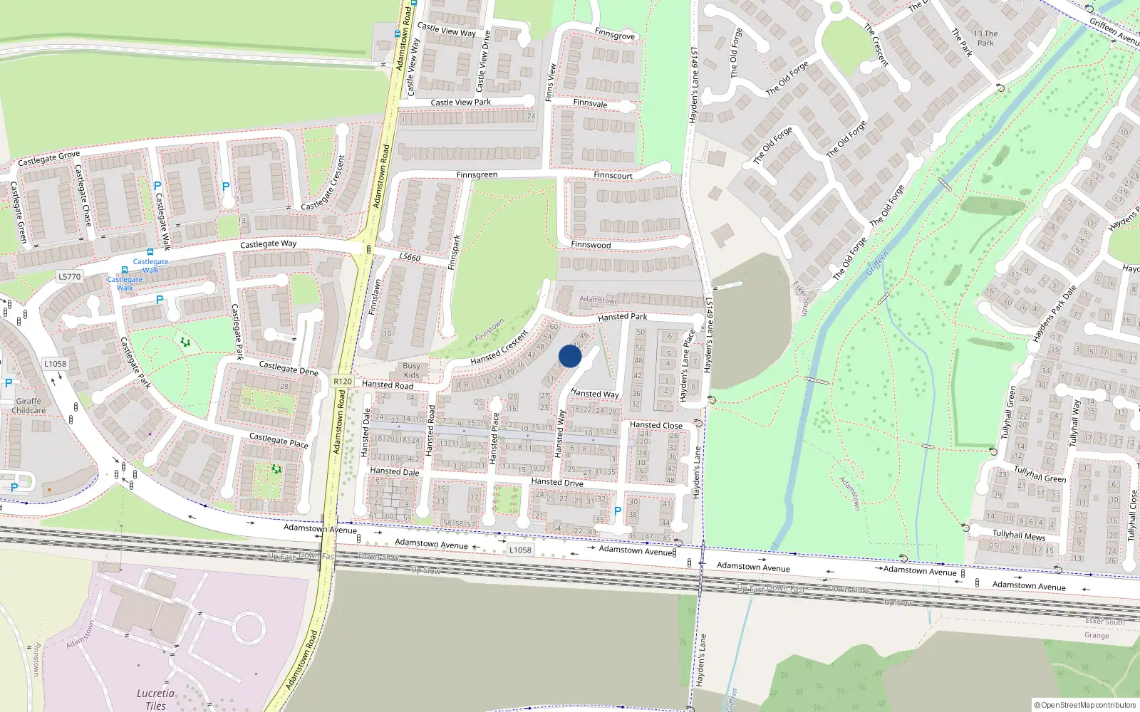 Overhead map showing the location of 41 Hansted Way, Lucan