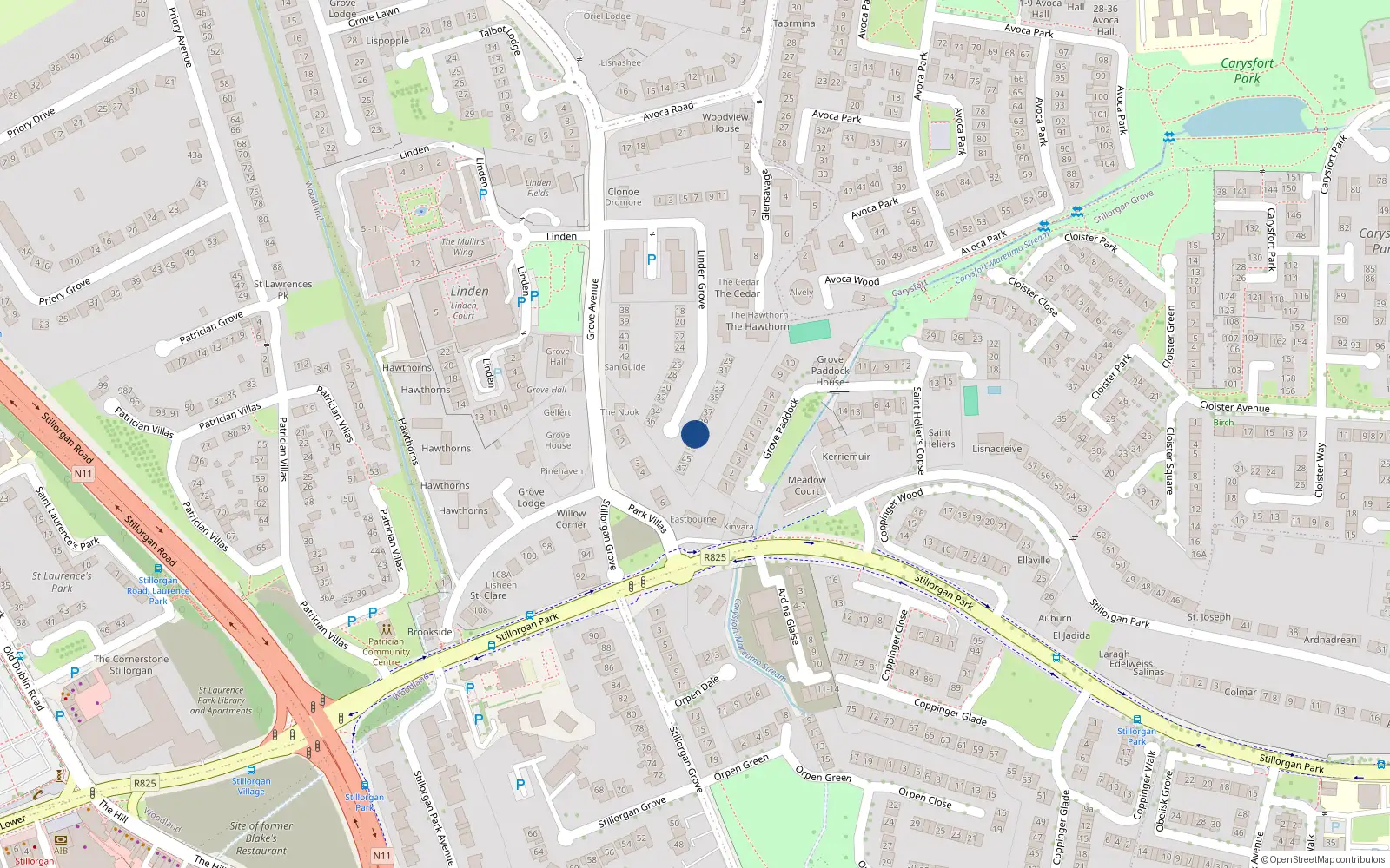Overhead map showing the location of 41 Linden Grove, Blackrock, Dublin