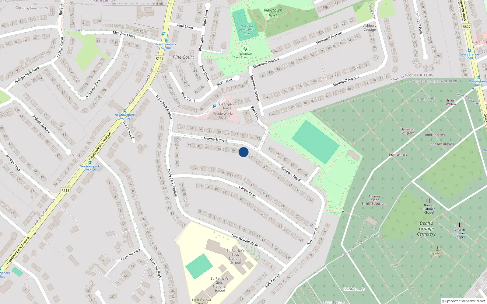 Overhead map showing the location of 41 New Park Road, Blackrock