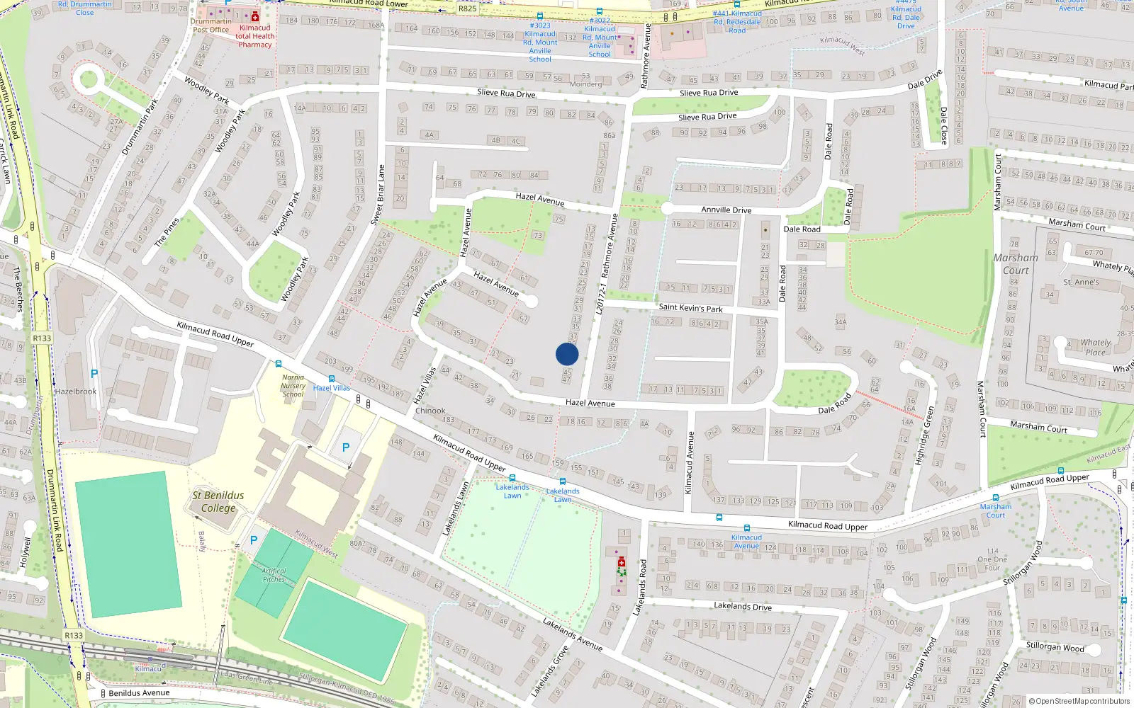 Overhead map showing the location of 41 Rathmore Avenue, Blackrock