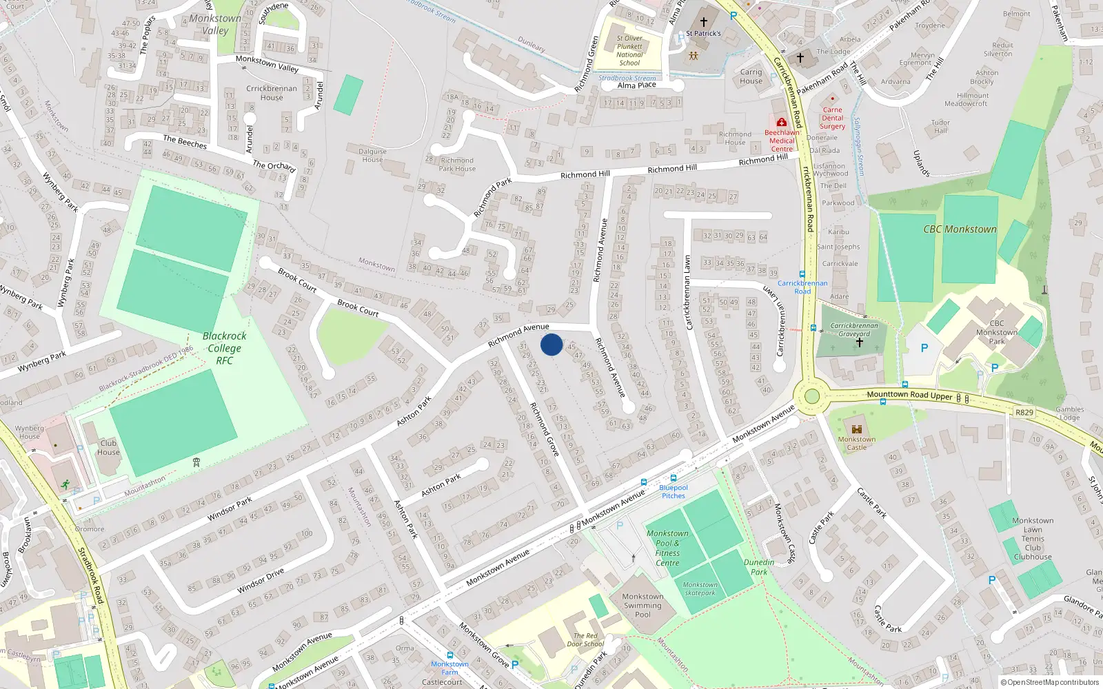 Overhead map showing the location of 41 Richmond Avenue, Monkstown, Dublin