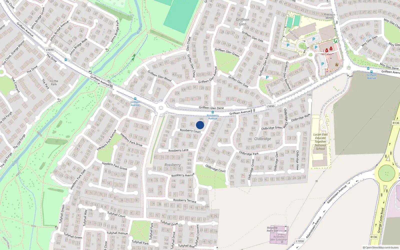 Overhead map showing the location of 41 Rossberry Avenue, Lucan, Dublin