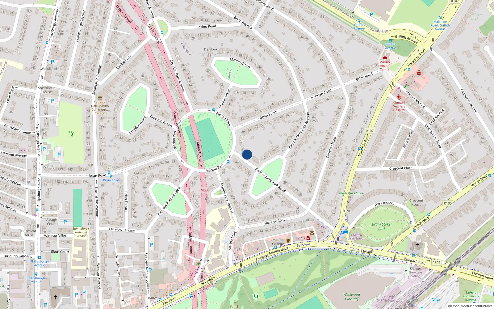 Overhead map showing the location of 41 St Aidans Park Road, Marino, Dublin 3