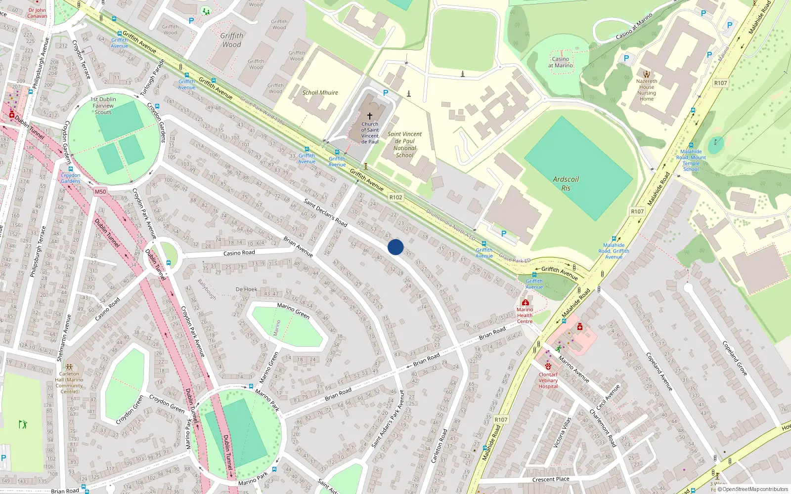 Overhead map showing the location of 41 St Declans Road, Marino, Dublin 3