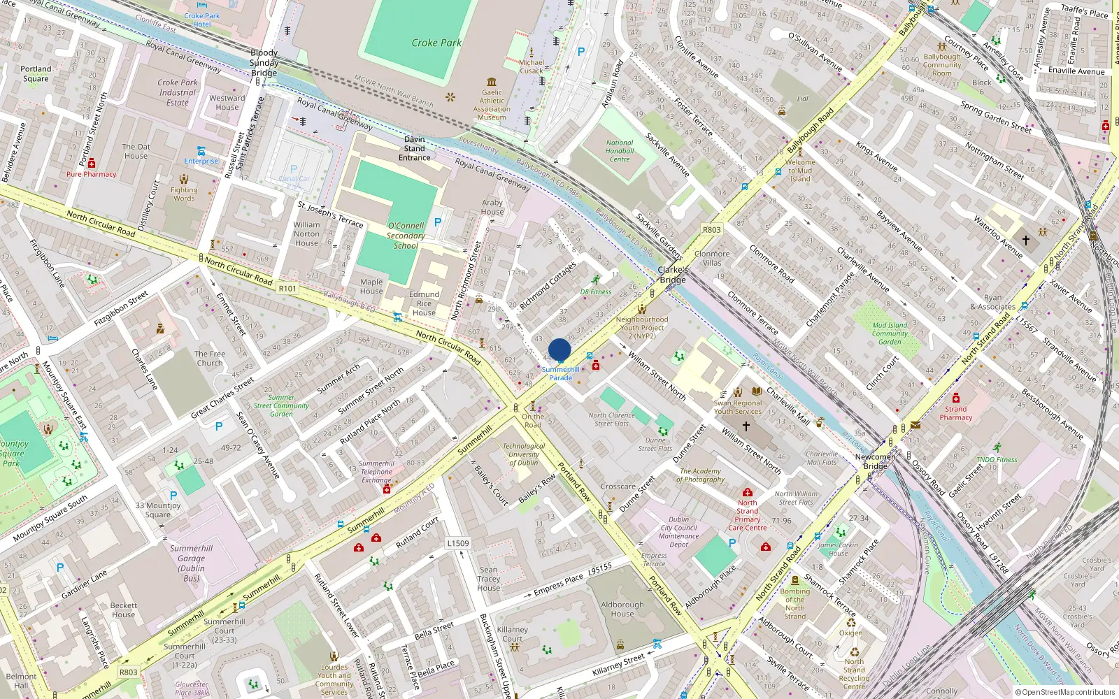 Overhead map showing the location of 41 Summerhill Parade, Dublin