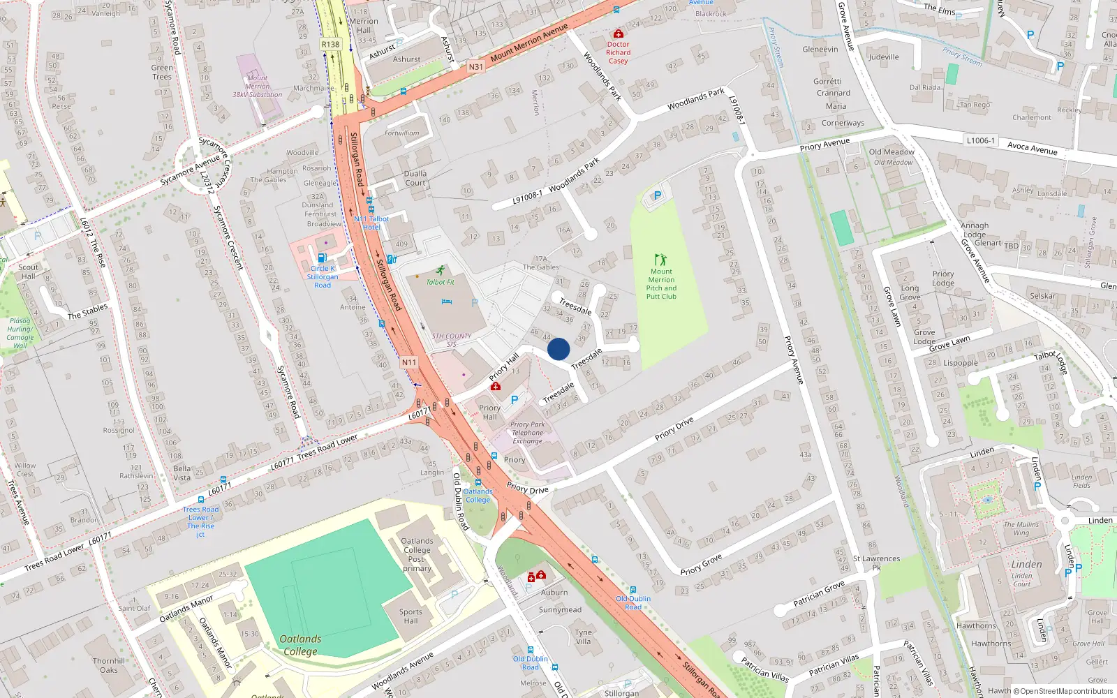 Overhead map showing the location of 41 Treesdale, Stillorgan, Dublin