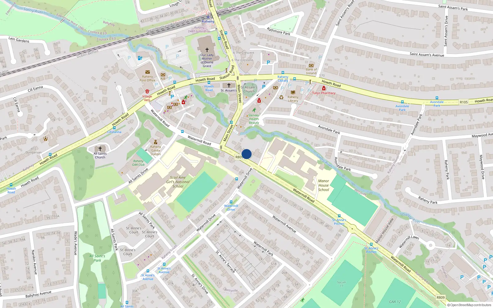 Overhead map showing the location of 41 Watermill Road, Raheny, Dublin 5