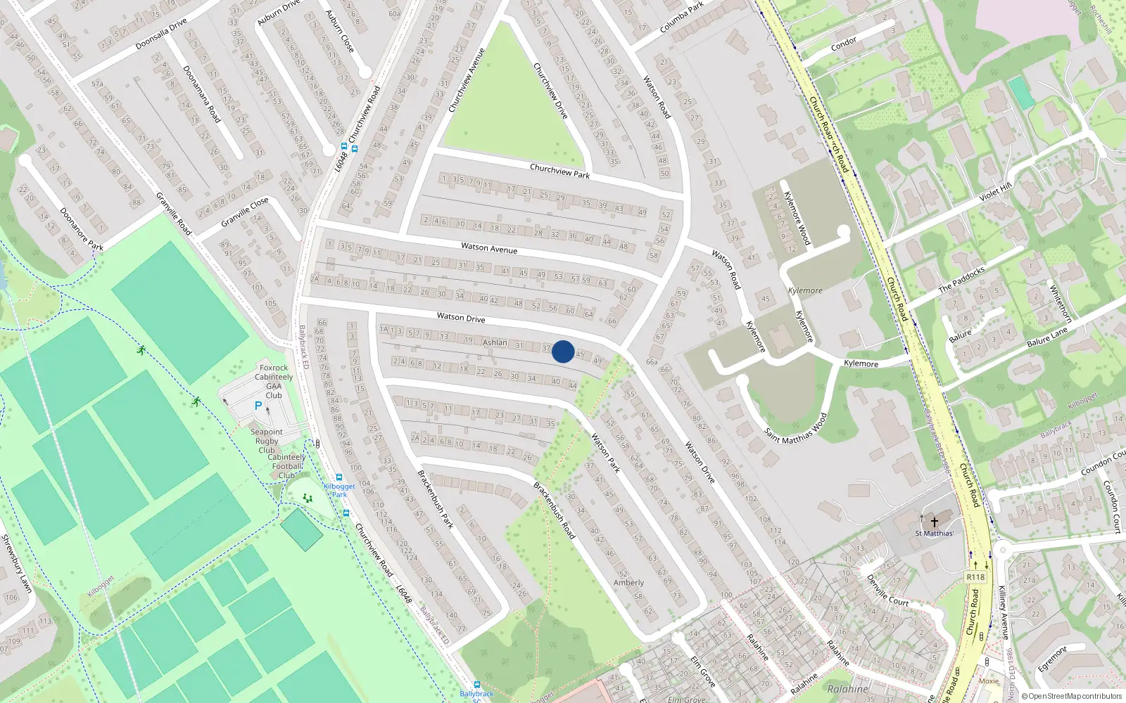 Overhead map showing the location of 41 Watson Drive, Killiney, Dublin