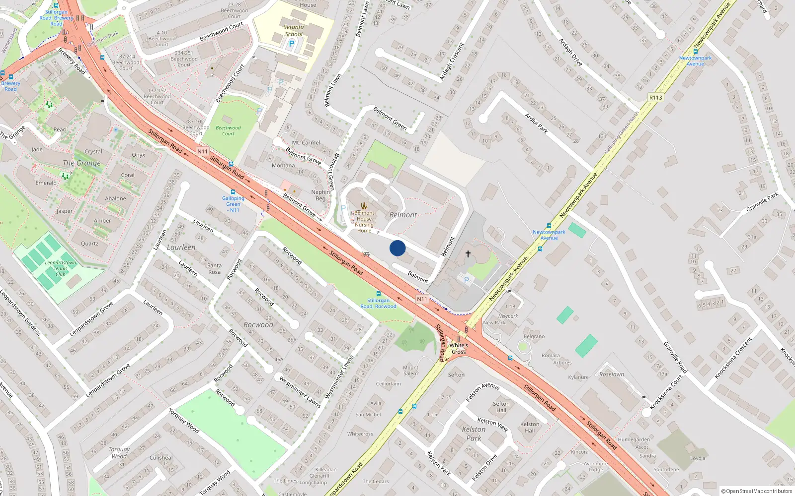 Overhead map showing the location of 416 Galloping Green Apts, Blackrock, Dublin