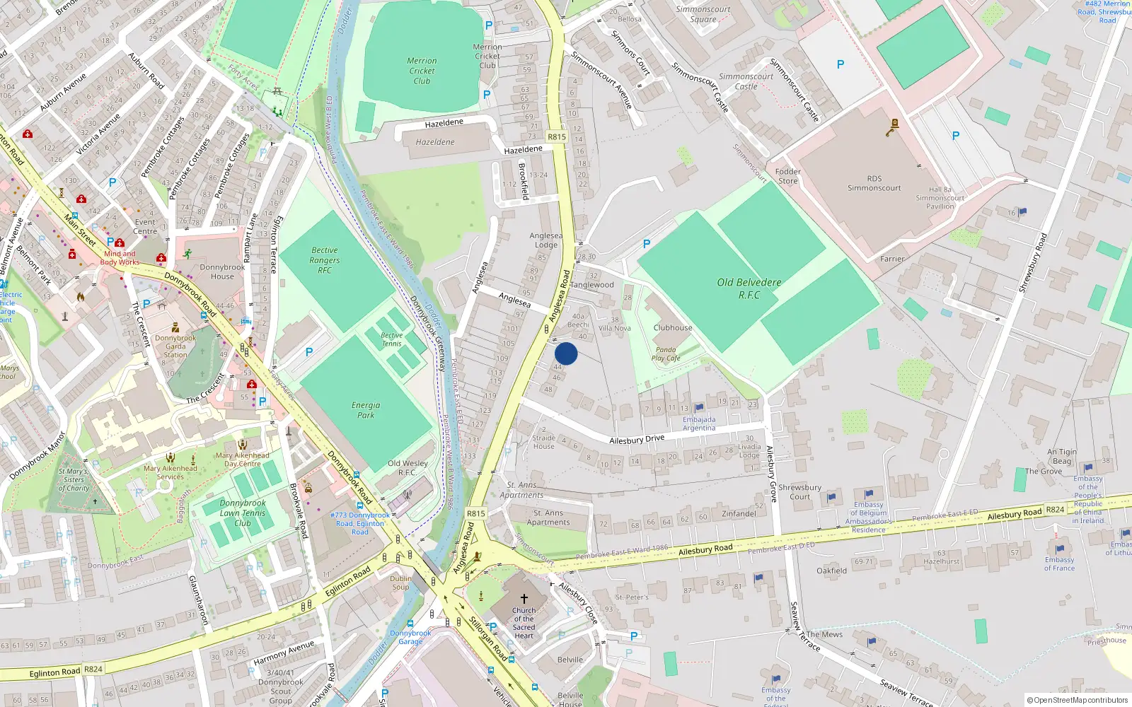 Overhead map showing the location of 42 Anglesea Road, Ballsbridge