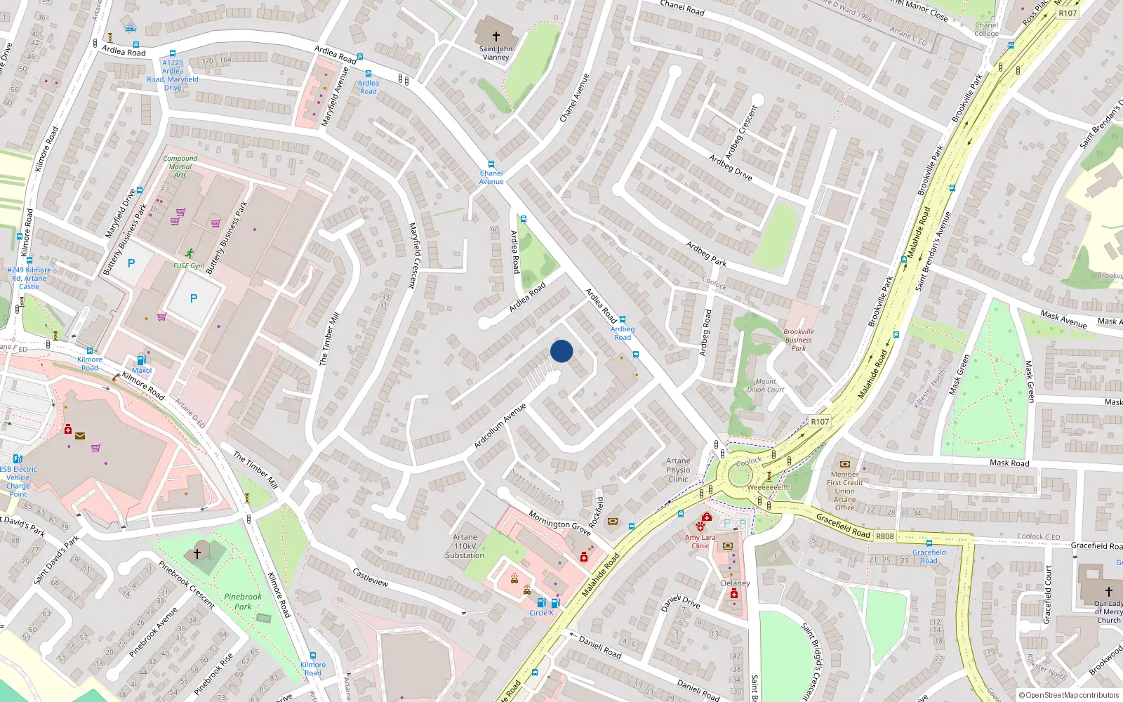 Overhead map showing the location of 42 Ardcollum Avenue, Artane, Dublin 5