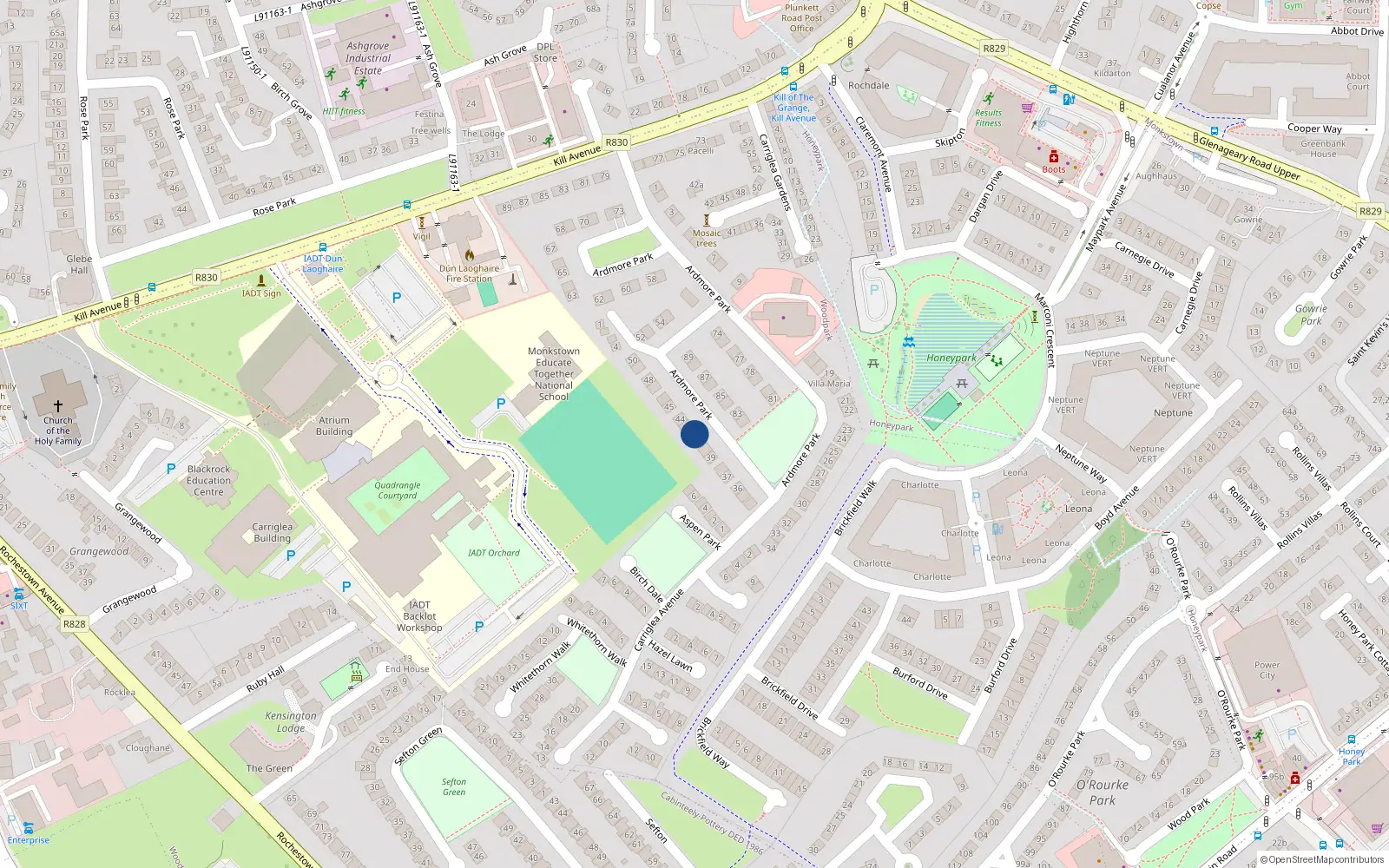 Overhead map showing the location of 42 Ardmore Park, Dun Laoghaire