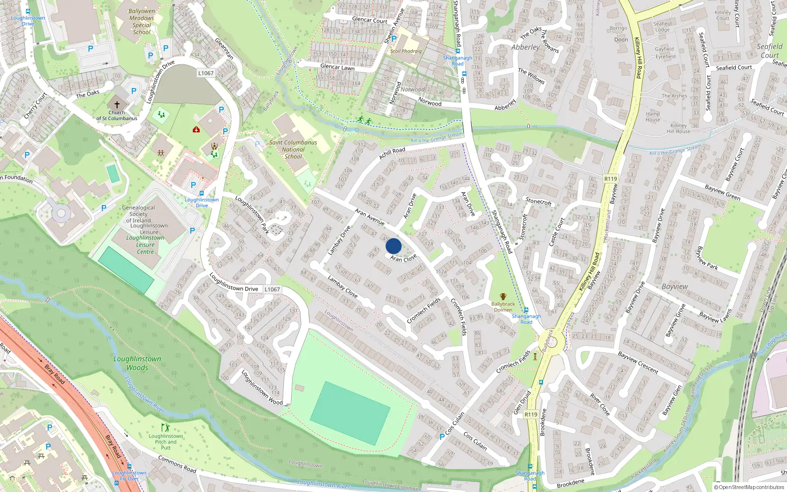 Overhead map showing the location of 42 Arran Avenue Loughlinstown, Loughlinstown, Dublin