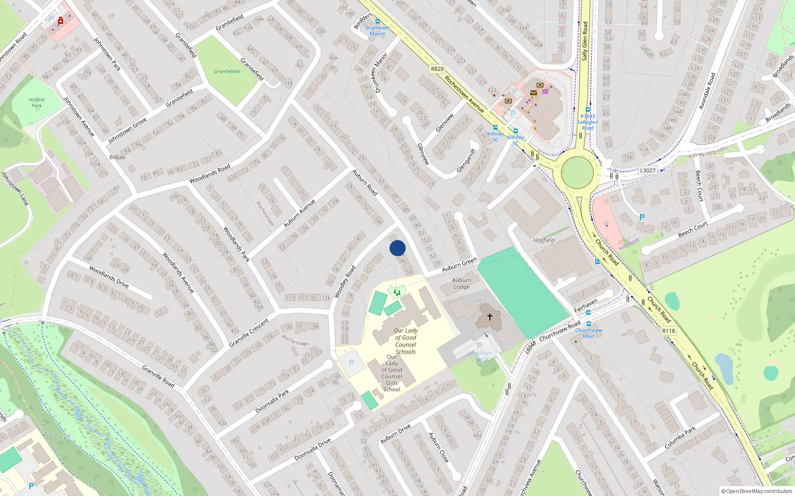 Overhead map showing the location of 42 Auburn Road, Cabinteely
