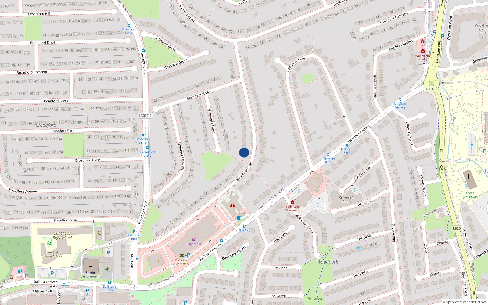 Overhead map showing the location of 42 Ballinteer Drive, Dublin 16