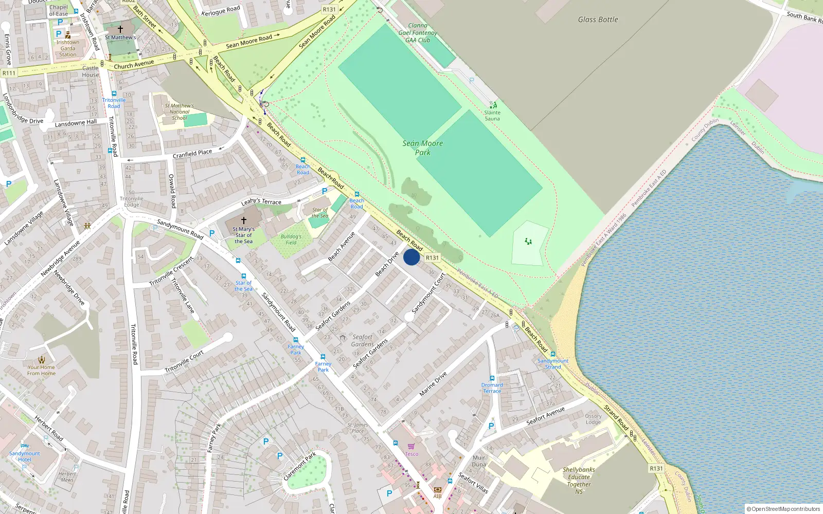 Overhead map showing the location of 42 Beach Road, Sandymount