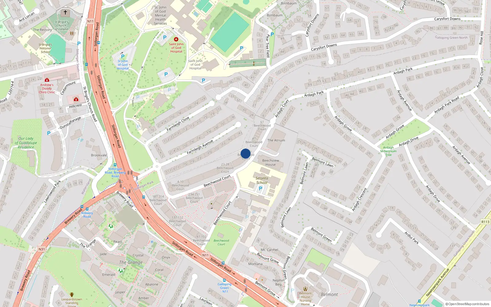 Overhead map showing the location of 42 Beechwood Court, Stillorgan, Dublin