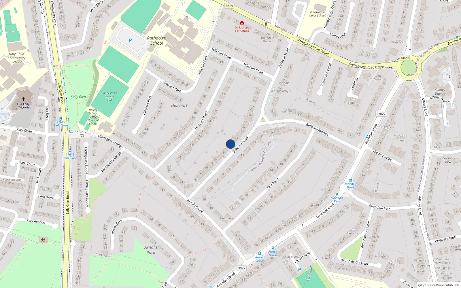 Overhead map showing the location of 42 Bellevue Road, Dun Laoghaire