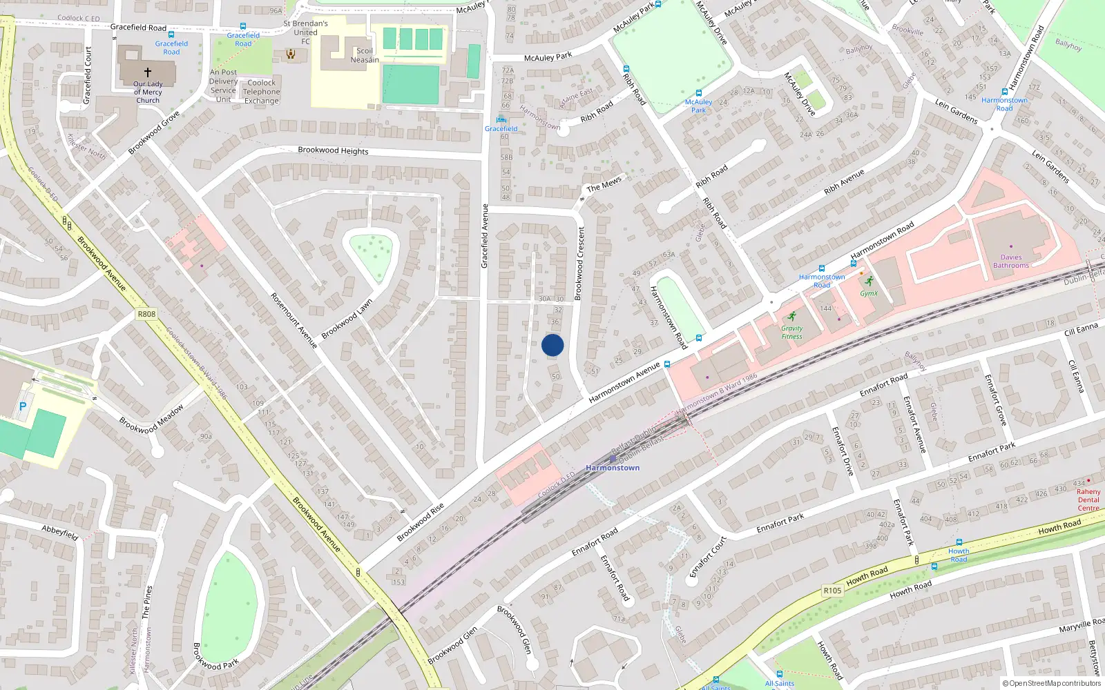Overhead map showing the location of 42 Brookwood Crescent, Artane, Dublin 5