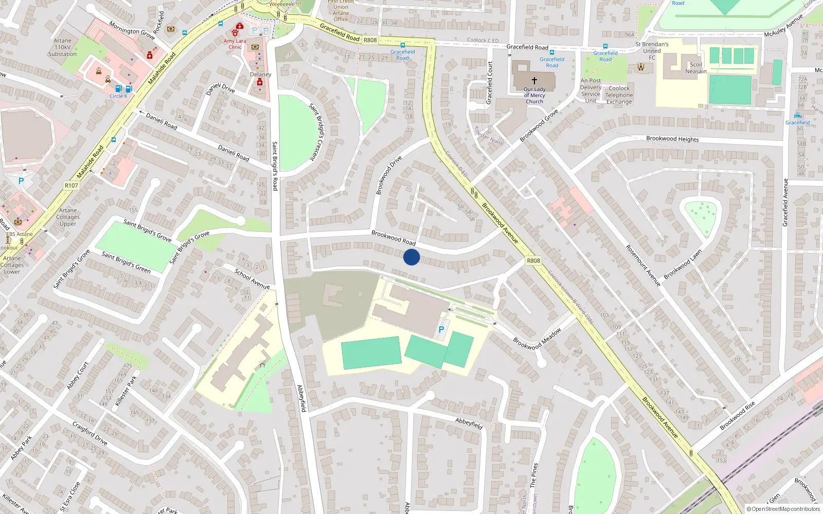 Overhead map showing the location of 42 Brookwood Road, Dublin 5