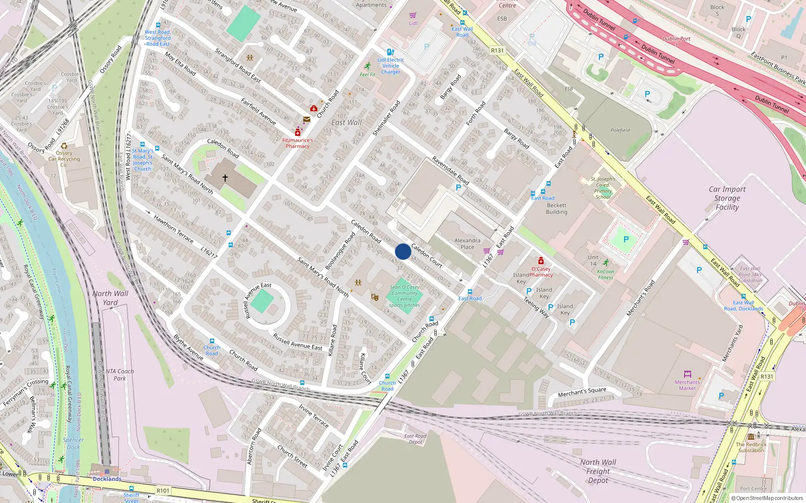 Overhead map showing the location of 42 Caledon Road, East Wall, Dublin