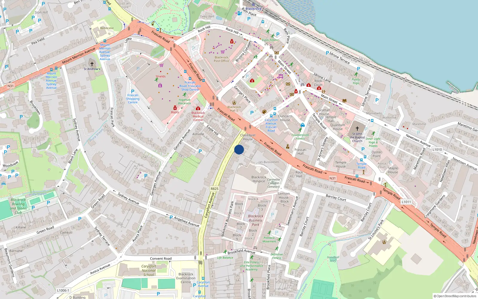 Overhead map showing the location of 42 Carysfort Avenue, Blackrock