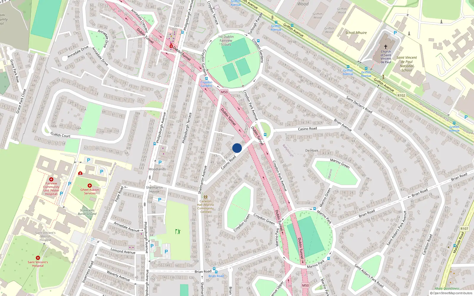 Overhead map showing the location of 42 Casino Road, Marino, Dublin 3