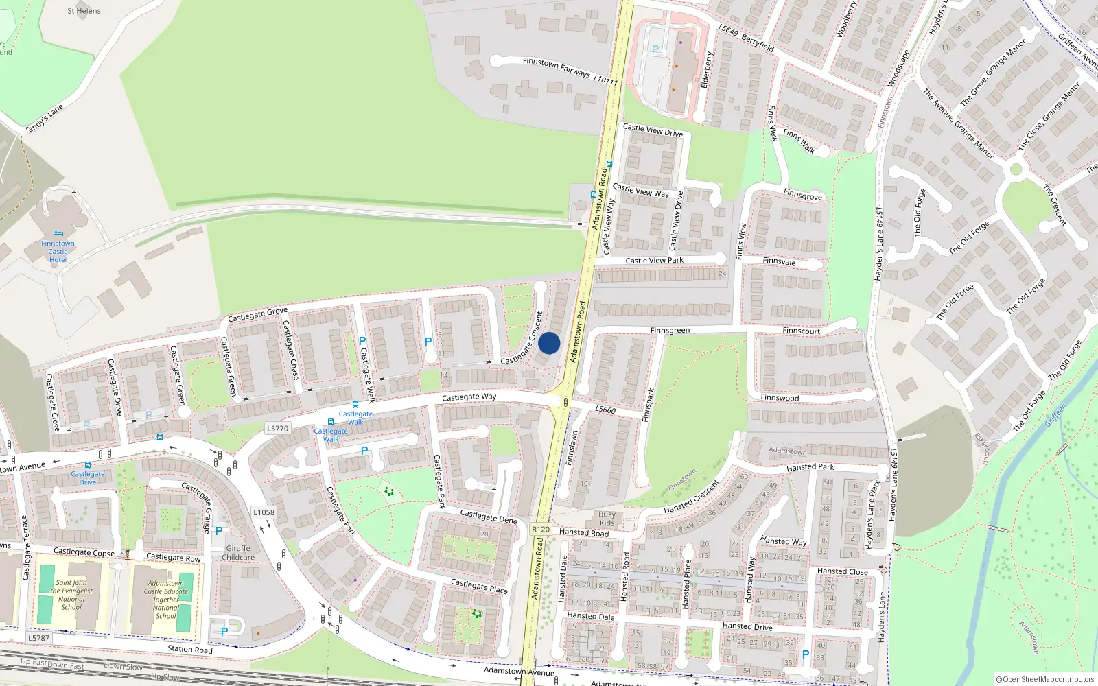 Overhead map showing the location of 42 Castlegate Crescent, Adamstown, Lucan