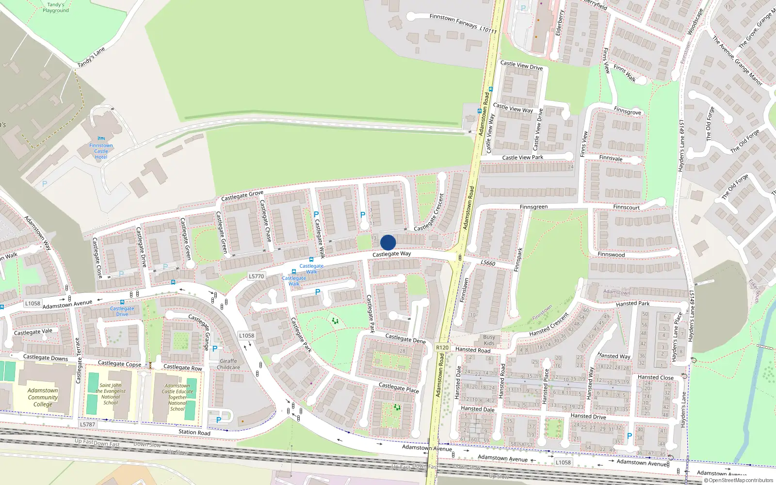Overhead map showing the location of 42 Castlegate Way, Lucan