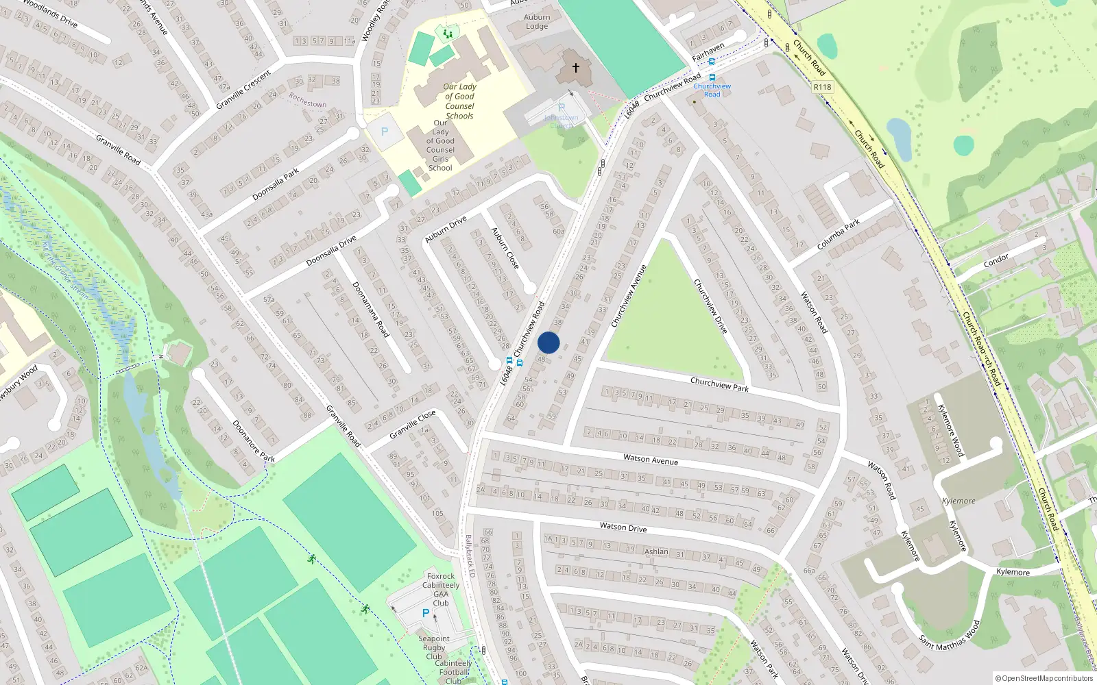 Overhead map showing the location of 42 Churchview Road, Dublin