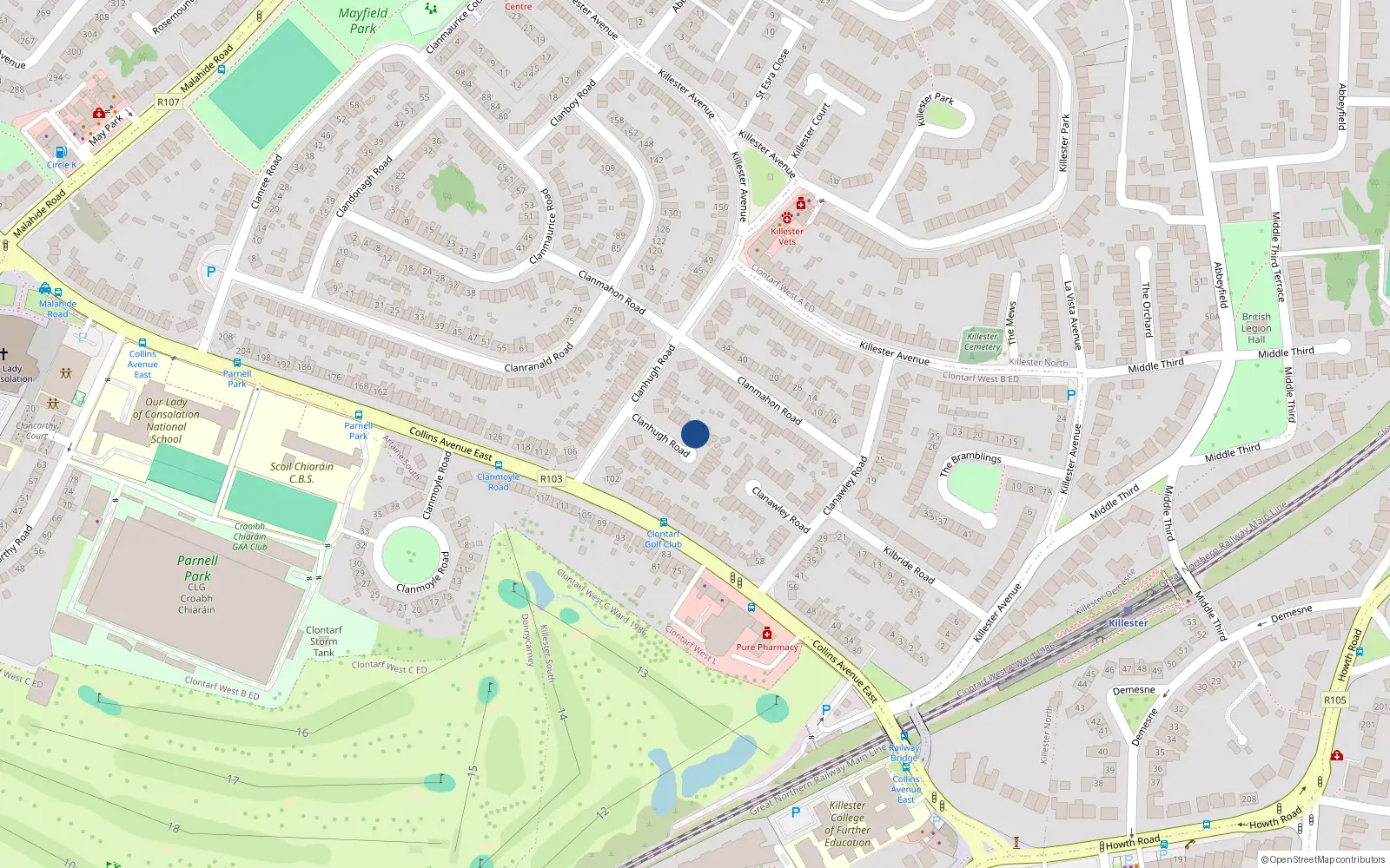Overhead map showing the location of 42 Clanhugh Road, Dublin 5