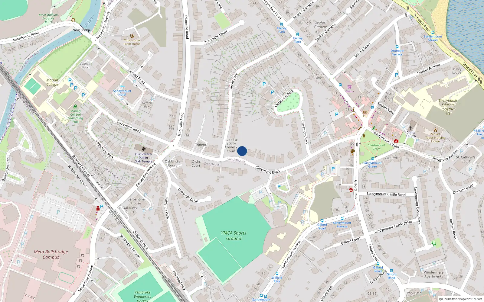 Overhead map showing the location of 42 Claremont Road, Sandymount