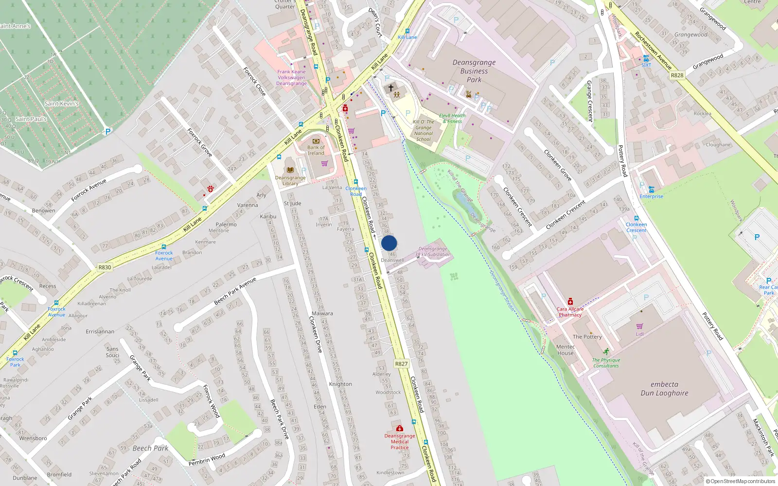 Overhead map showing the location of 42A Clonkeen Road, Blackrock